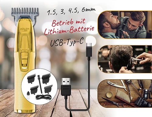 Trimer, Adler, AD 2836g, bateri 1400 mAh, karikim USB-C, teh qeramik 0.9 mm, ari, set me 4 krehra