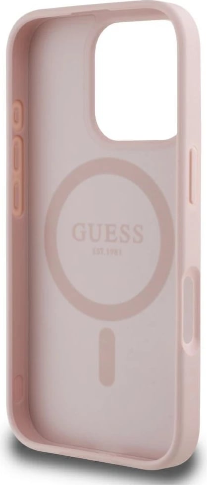 Mbështjellës Guess Grained Hot Stamp Peony Triangle Logo MagSafe për iPhone 16 Pro Max, Rozë