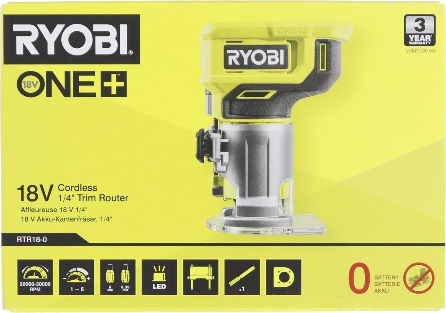 Router RYOBI 18V, pa kabllo, 1/4 inch