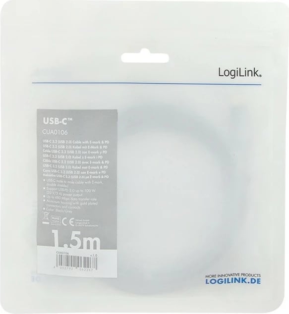 Kabllo USB-C LogiLink CUA0106, 1.5m, e zezë, alumini Kabllo USB-C LogiLink CUA0106, 1.5m, e zezë, alumini