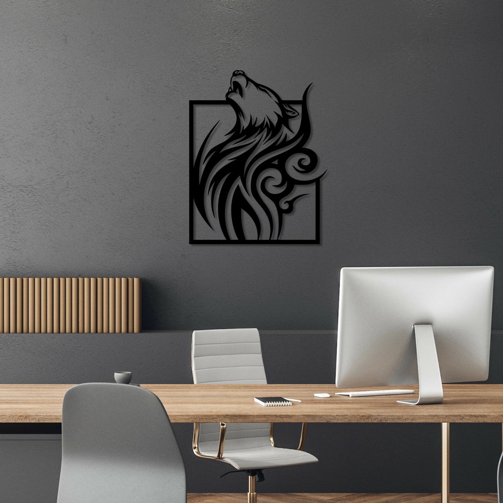 Aksesor dekorativ metalik për mur, ujk në kornizë, Wallity