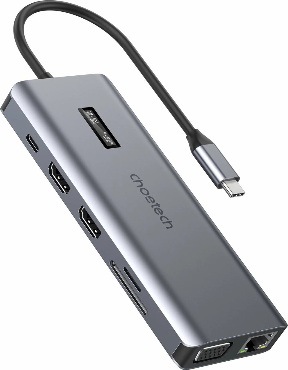 HUB multifunksional Choetech HUB-M26, 12-në-1, USB-C, HDMI, VGA, RJ45, Gri