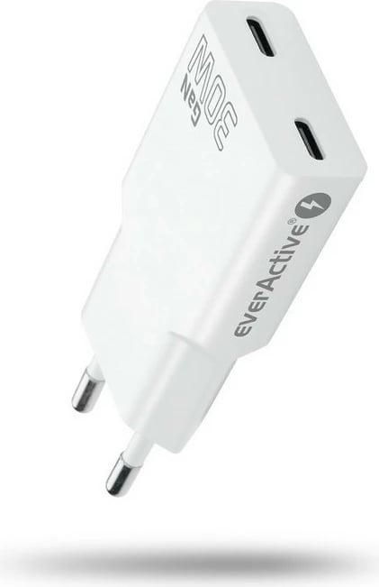 Adapter karikues muri, everActive, SC-385Q, GaN PD 30W, 2x USB-C, super slim, bardhë