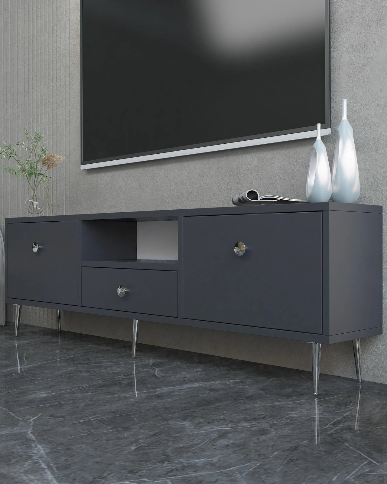 Komodë për TV Skye Decor, 1307-DROP-1, antracit, argjend