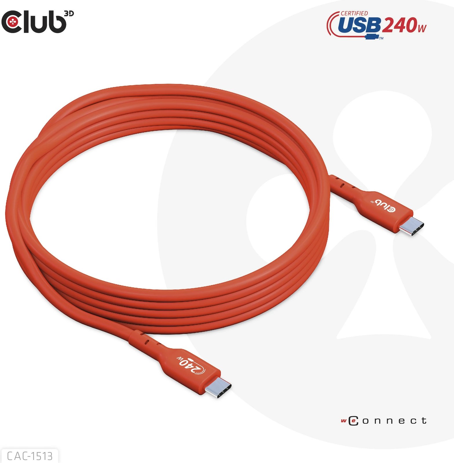 Kabllo USB-C Club3D CAC-1513, 3m, 240W, 480Mb/s, kuqe Kabllo USB-C Club3D CAC-1513, 3m, 240W, 480Mb/s, kuqe