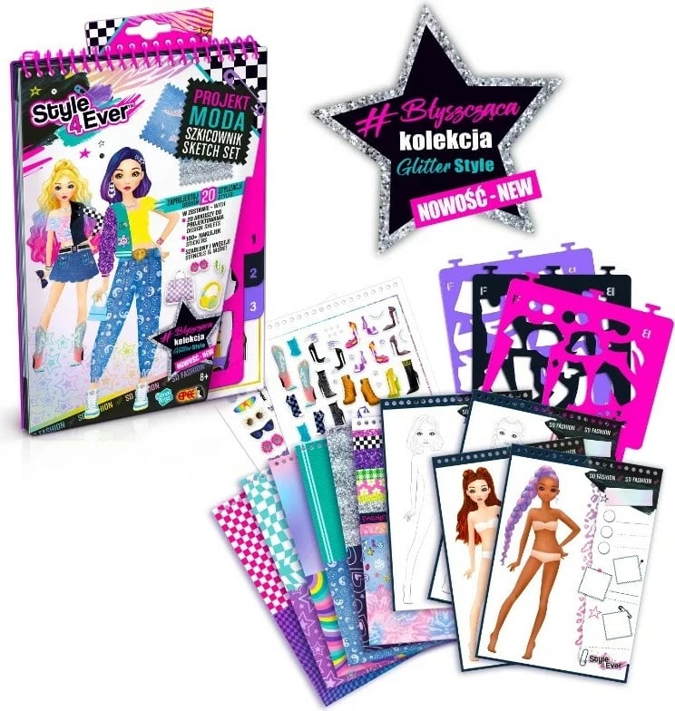 Set dizajni mode Epee Style 4 Ever, Sketchbook me shabllone dhe ngjitëse, për vajza, 20 stile