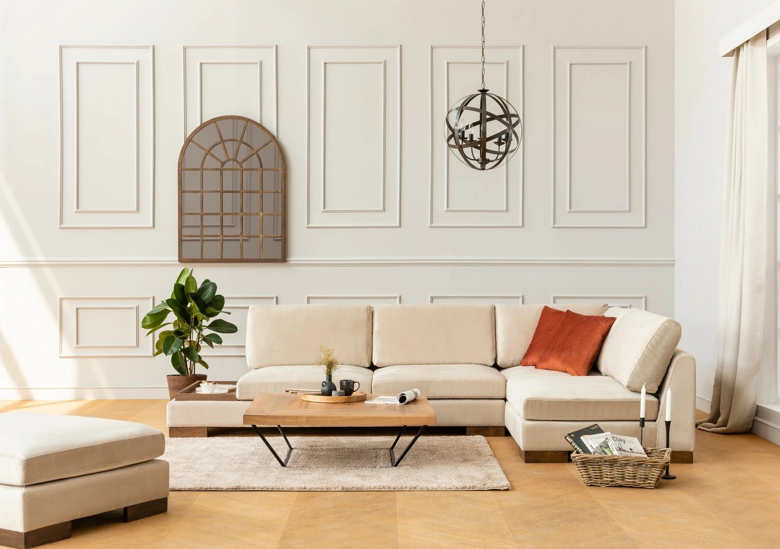 Këndore Tulip me pouf, e djathtë, bezhë