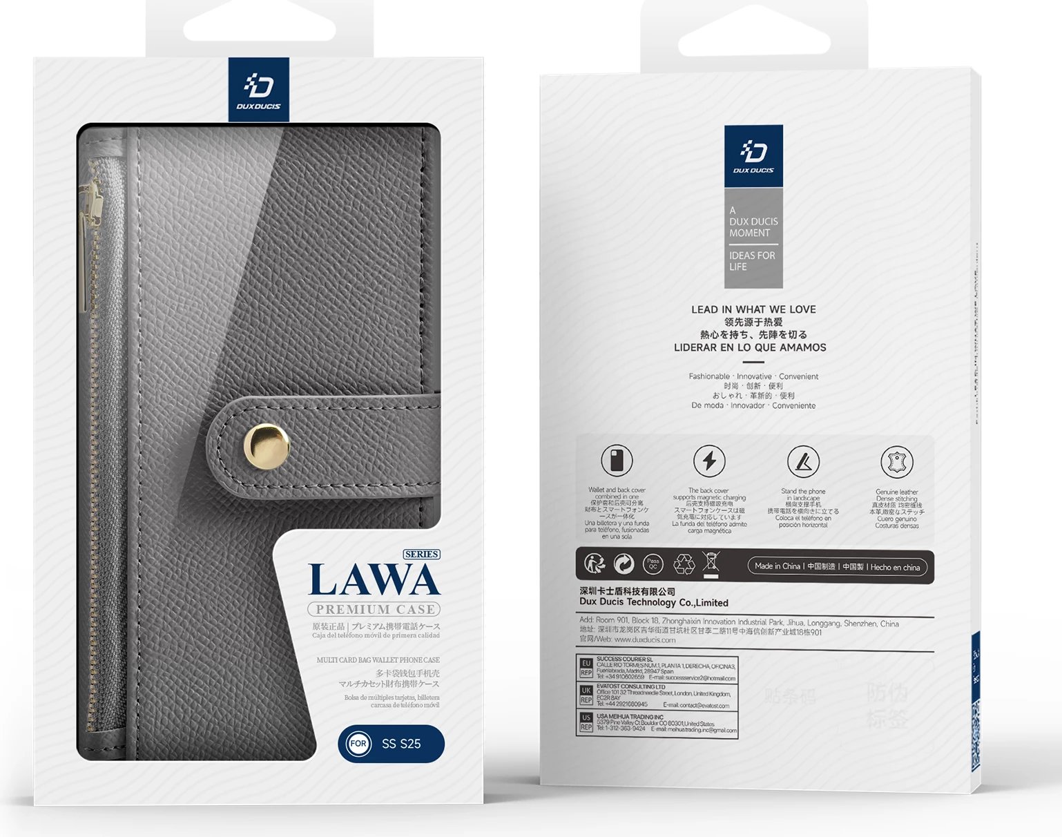 Mbështjellës Dux Ducis Lawa për Samsung Galaxy S25, lëkurë, me portofol magnetik të ndashëm, Gri