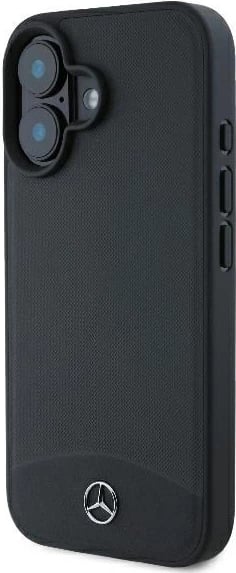 Mbështjellës Mercedes për iPhone 16, MagSafe, lëkurë teksturë dhe e lëmuar, e zezë