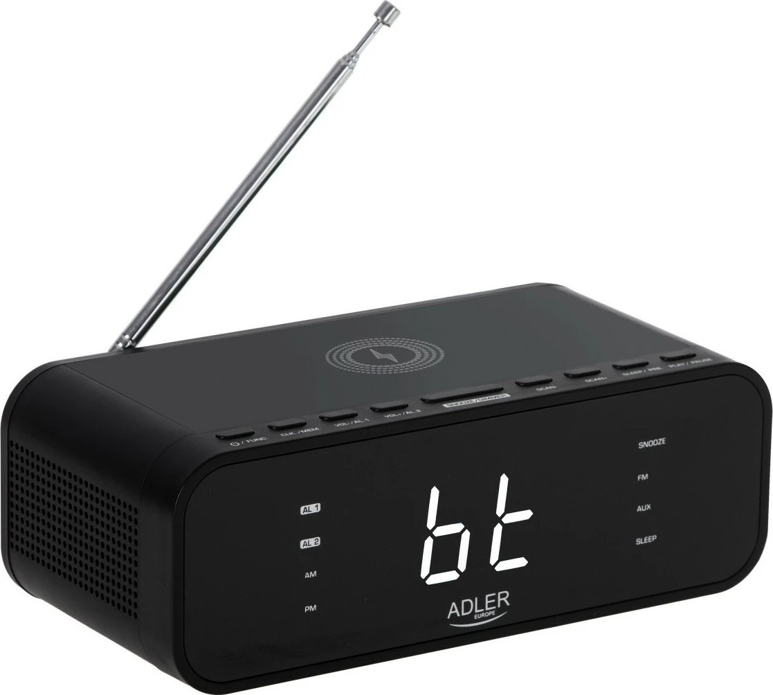 Radio-alarëm Adler AD 1192B me Bluetooth, karikues pa tela, USB, FM, e zezë