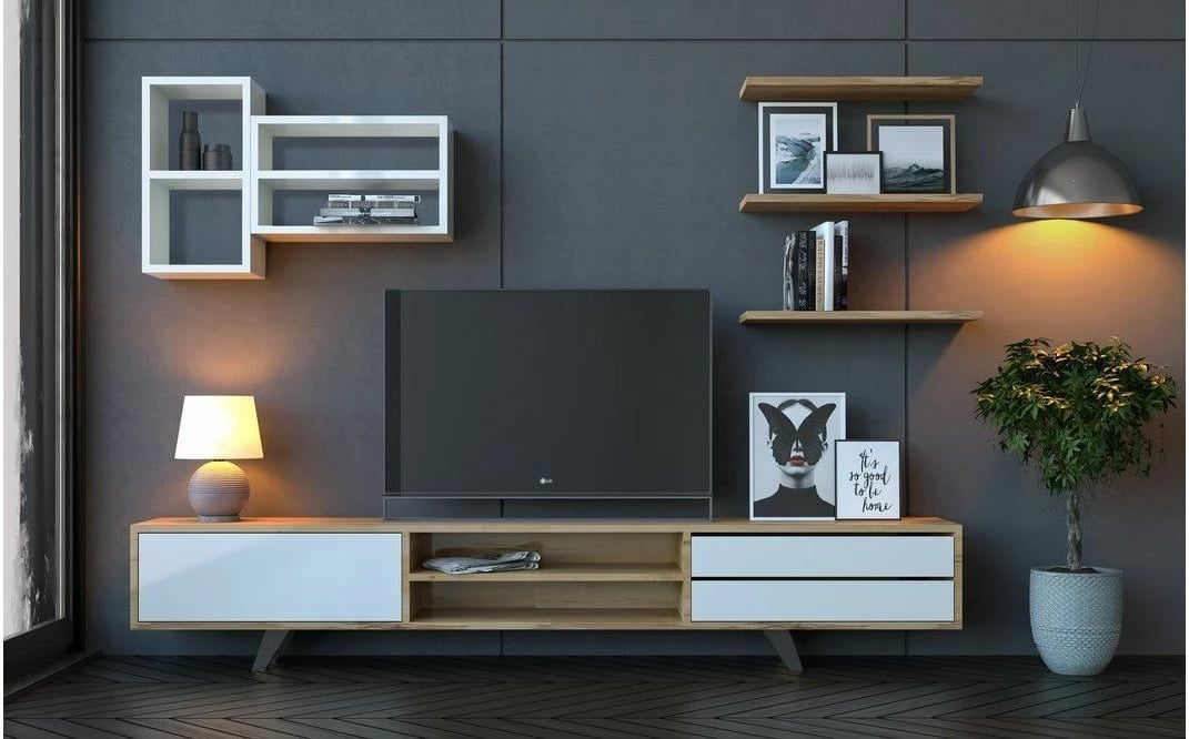 Komodë TV Skye Decor, Rb-065, e bardhë dhe lis, 180x45x40cm