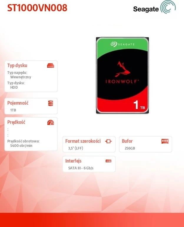 Hard disk Seagate IronWolf 1TB 3.5" ST1000VN008, i brendshëm