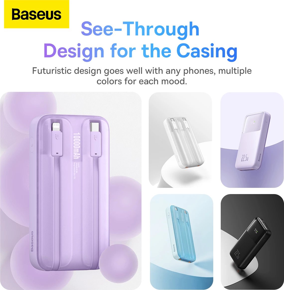 Powerbank Baseus Comet Series PPMD020002, 10000mAh, 22.5W, me ekran, me kabllo USB-C dhe Lightning, e bardhë
