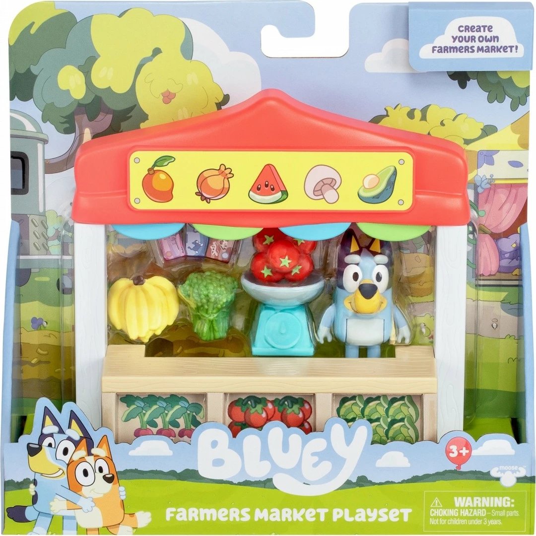 Set figurina Bluey Mini, Tm Toys BLU17555, me stendë tregu dhe aksesorë, shumëngjyrësh