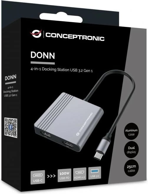 Dock Conceptronic 4-1 USB-C, 2x HDMI, USB 3.0, 100W PD, 25cm, gri