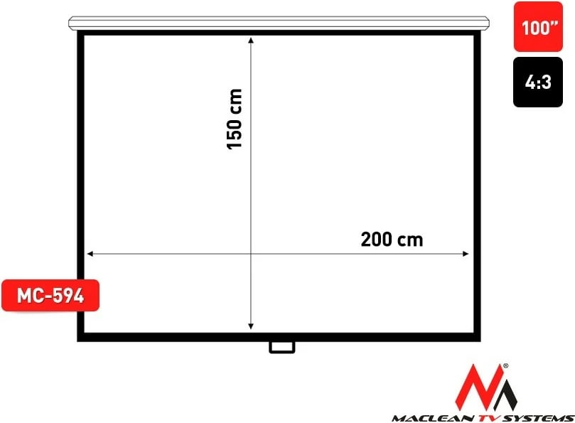 Ekran projekcioni Maclean MC-594, 100 inç, 4:3, manual, 200x150 cm, i bardhë mat Ekran projekcioni Maclean MC-594, 100 inç, 4:3, manual, 200x150 cm, i bardhë mat