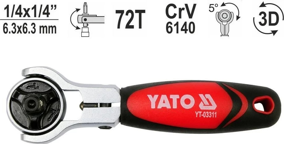 Çelës ratchet YATO YT-03311, 1/4", 72 dhëmbë, CrV 6140, Kuq