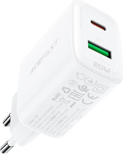Karikues muri Acefast A25, 20W, USB-C/USB-A, i bardhë