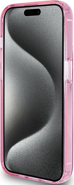 Mbështjellës Guess Ring Stand Script Glitter MagSafe për iPhone 15 Pro, Rozë