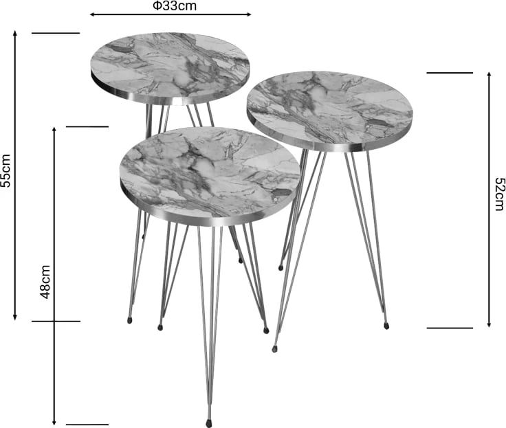 Tavolina anësore Wakmi set 3 copë, ngjyrë gri bezhë mermer melaminë-metal i artë