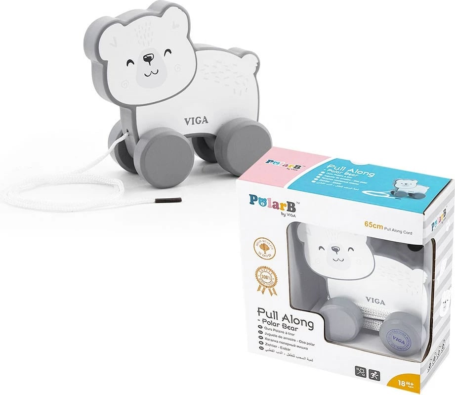 Lodër tërheqëse druri me litar, Viga, Polar Bear, 108x105x53 mm, gri