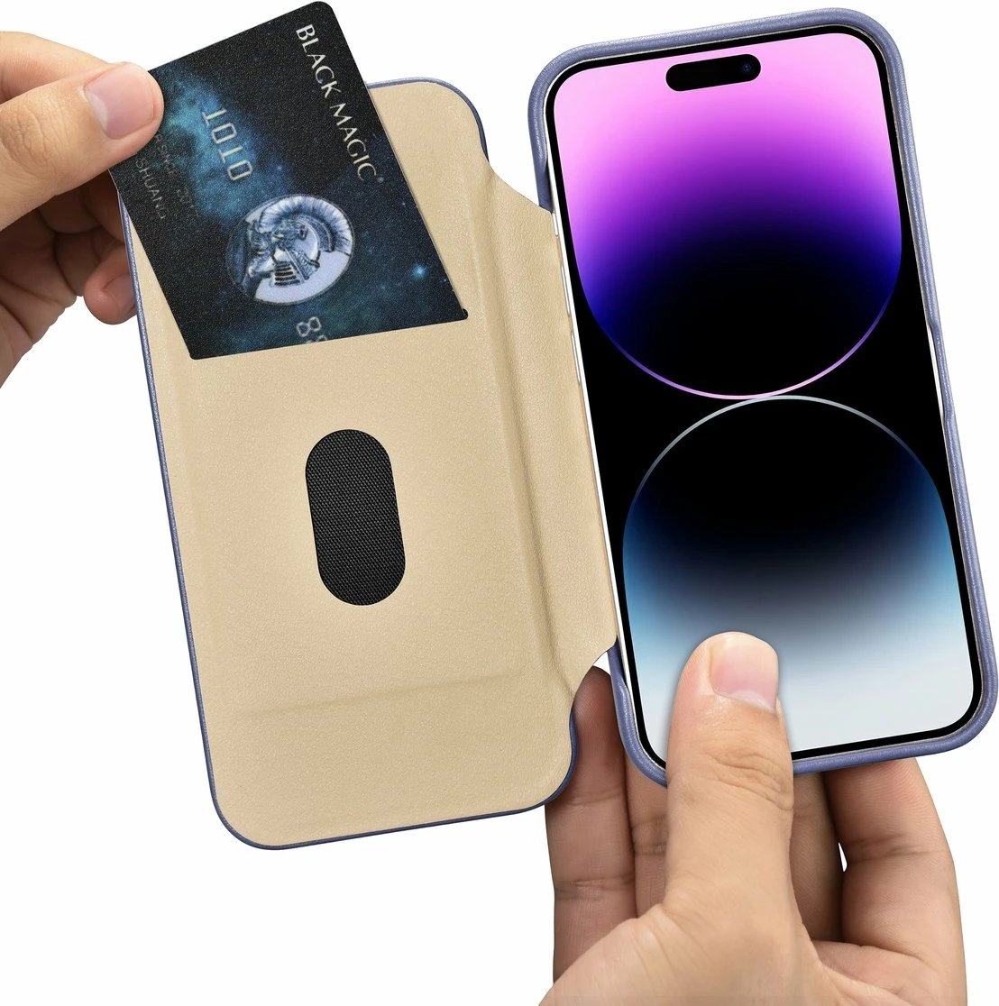 Mbështjellës iCarer CE Premium lëkurë folio për iPhone 14 Pro, MagSafe, vjollcë e lehtë