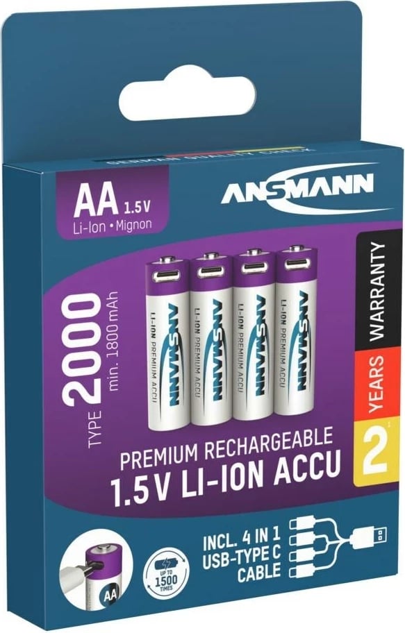 Bateri të rikarikueshme AA Ansmann 1312-0036, Li-Ion 1.5V, set 4 copë, Blu