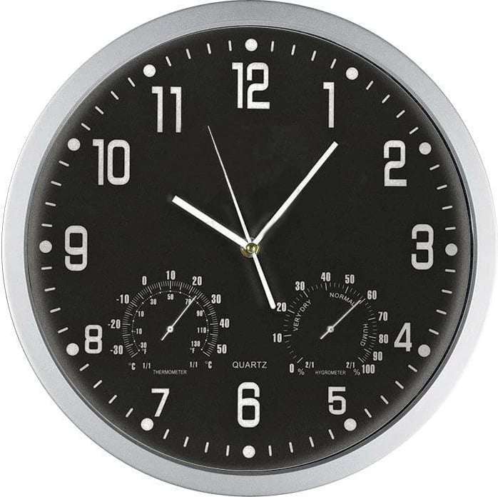 Orë muri MACMA me termometër dhe higrometër, Ø35cm, e zezë