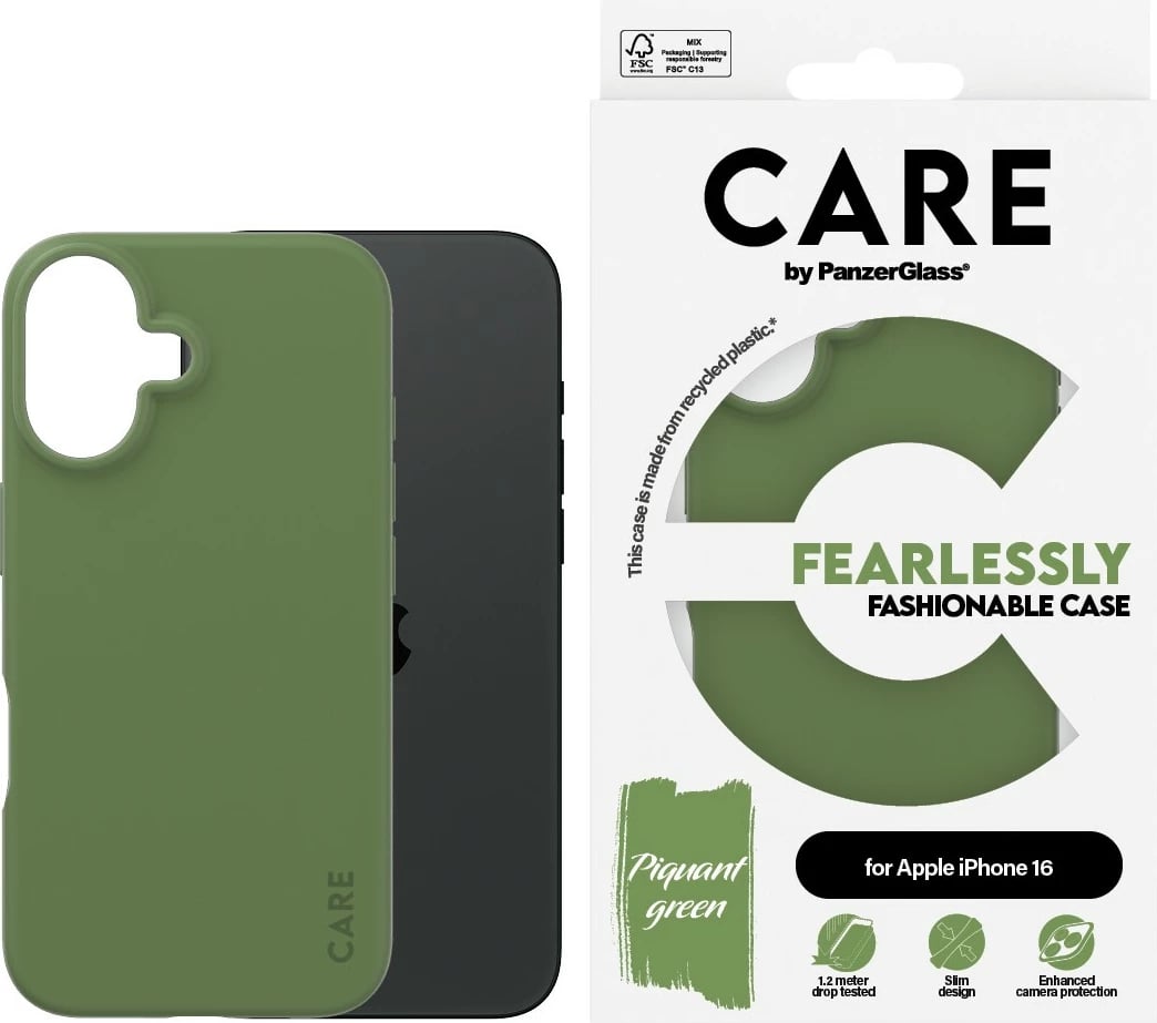 Mbështjellës PanzerGlass CARE Case, iPhone 16, silikon, i gjelbër