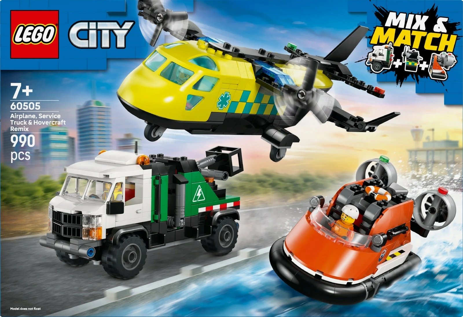 Set blloqe LEGO City 60505 avion, kamion shërbimi me vinç dhe hovercraft, 990 pjesë