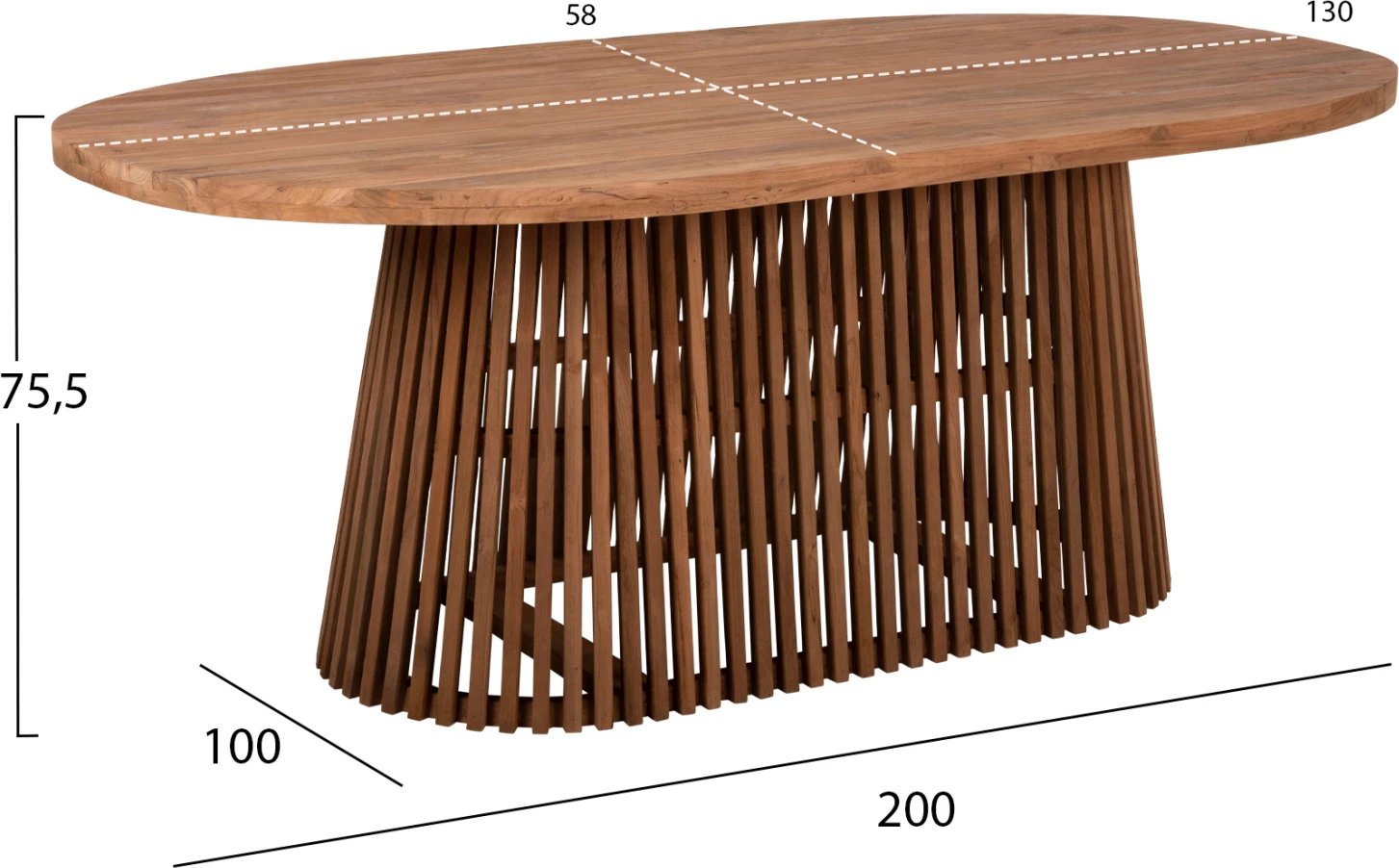 Tavolinë ngrënieje REMIK, dru tik i ricikluar, ngjyrë natyrale, 100x200x75.5 cm, sipërfaqe 4 cm