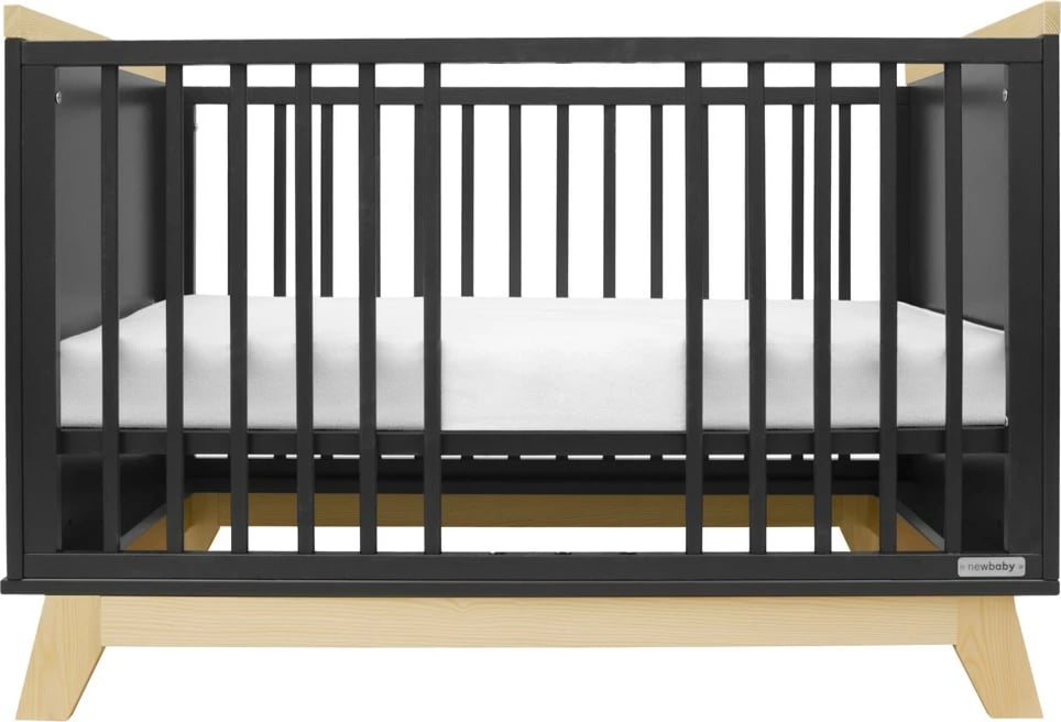 Krevat fëmijësh New Baby Marcus 120x60 cm me barrierë sigurie, bazë me grila 3 nivele, dru pishe/MDF, grafit/natyral