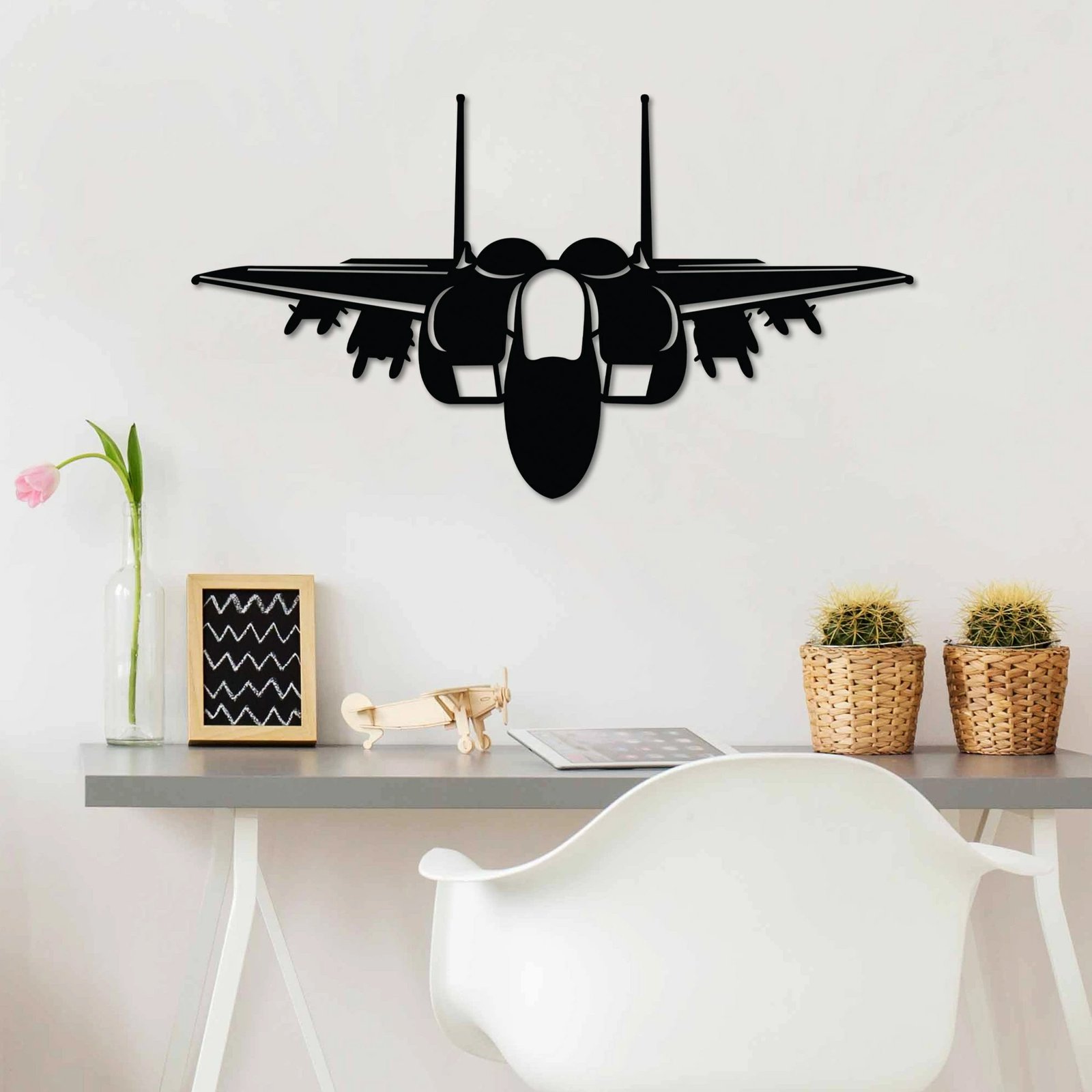 Aksesor dekorativ metalik për mur, Wallity, F-15 EX, ngjyrë e zezë, 60x34cm