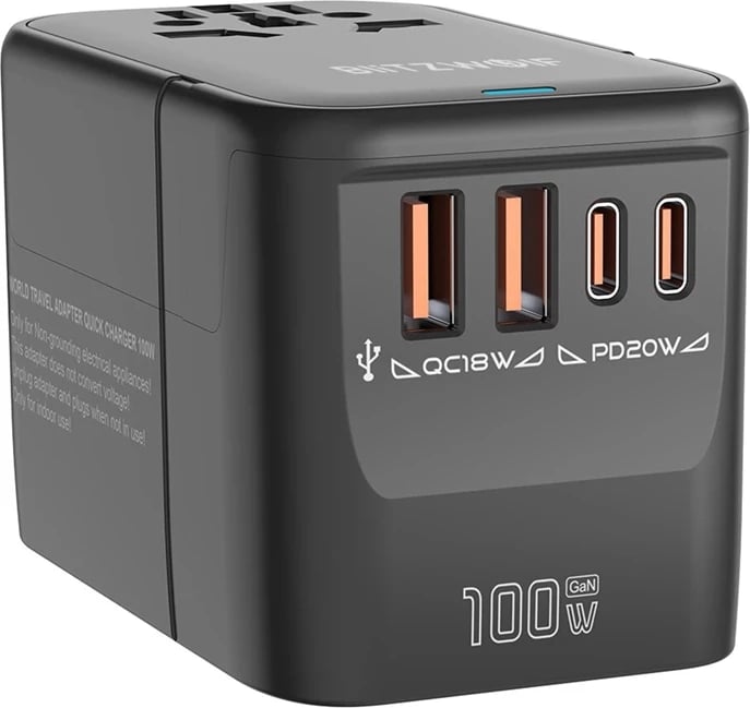 Adapter udhëtimi BlitzWolf BW-TA2 5-në-1, 2xUSB PD, 2xUSB-C QC, USB-C GaN 100W, zi