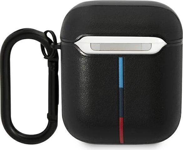Mbështjellës BMW Leather Curved Line për AirPods 1/2, me karabinë, i zi