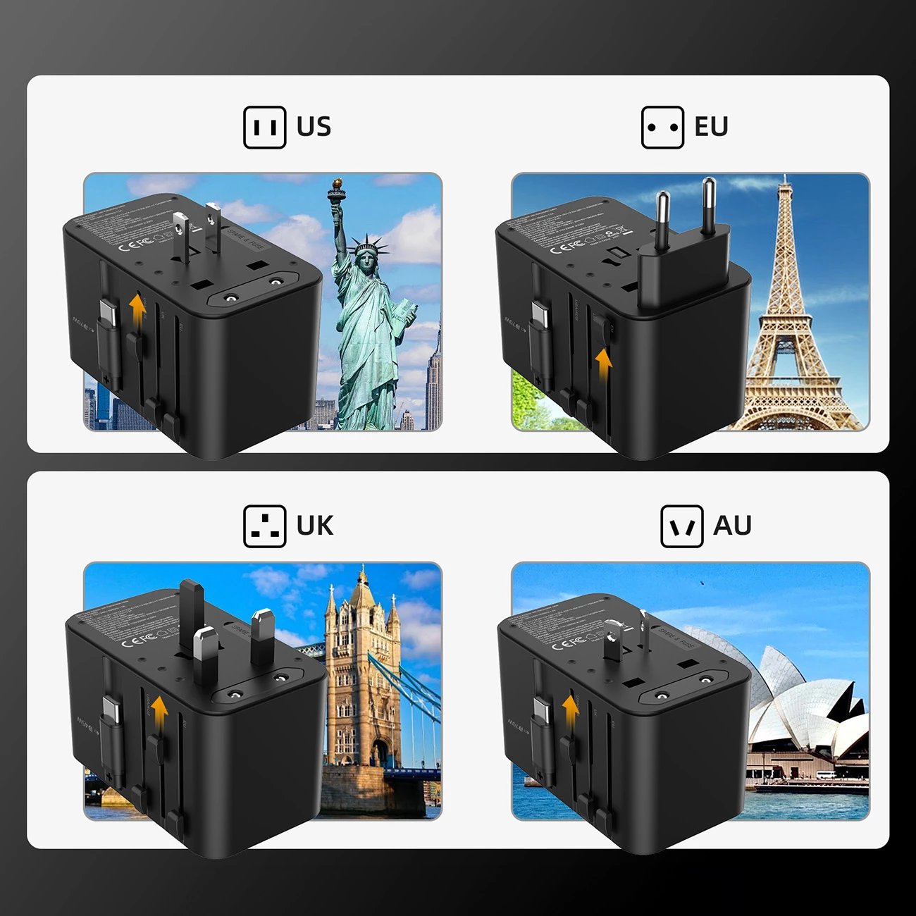 Adapter udhëtimi Choetech PD5021, 45W, me kabllo USB-C të integruar, 4 porta, i zi