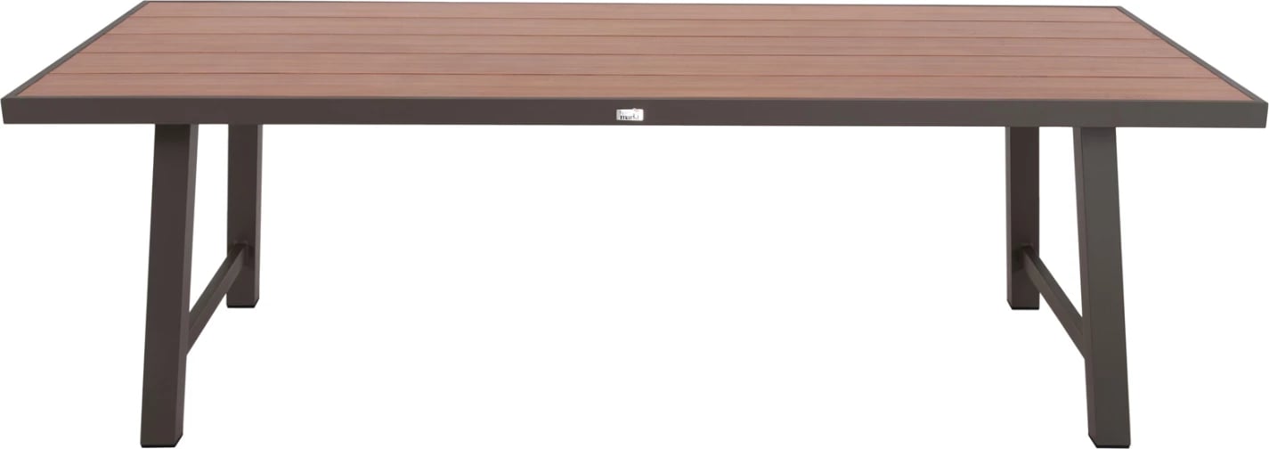 Tavolinë alumini për jashtë, GOBAR FH6060.04, ngjyrë shampanjë me sipërfaqe tavoline si dru, 240x105x75 cm