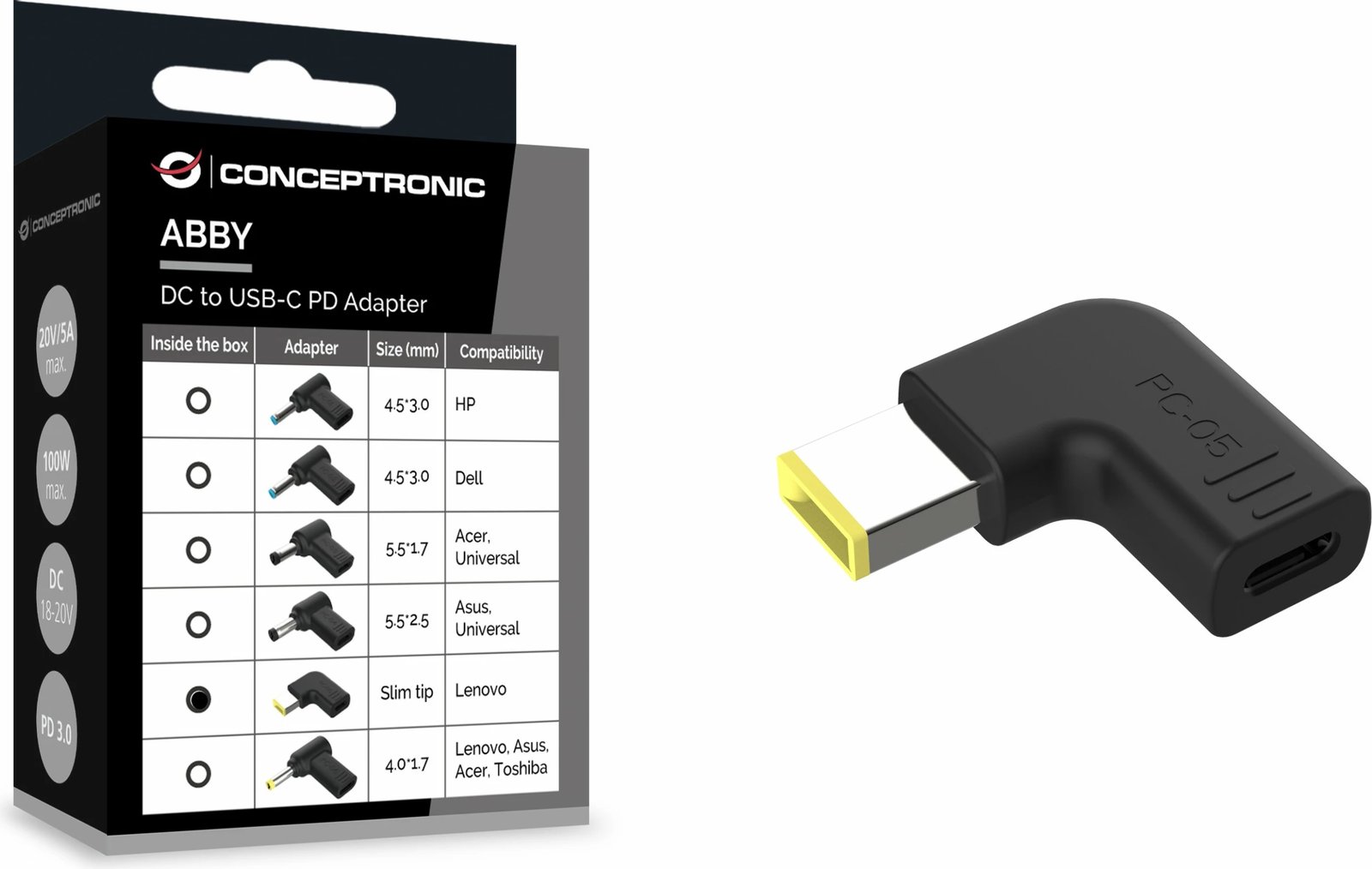 Adapter Conceptronic USB-C PD100W në Lenovo/Universal 5.5x2.5mm, 18-20V, i zi
