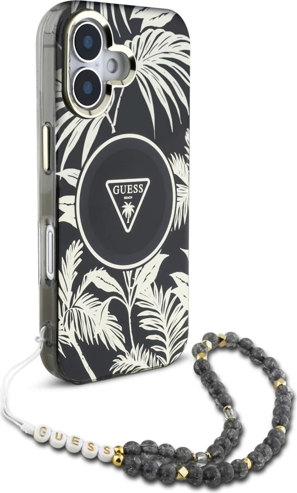Mbështjellës Guess Palm Trees Triangle Pearl Strap MagSafe për iPhone 16, i zi Mbështjellës Guess Palm Trees Triangle Pearl Strap MagSafe për iPhone 16, i zi