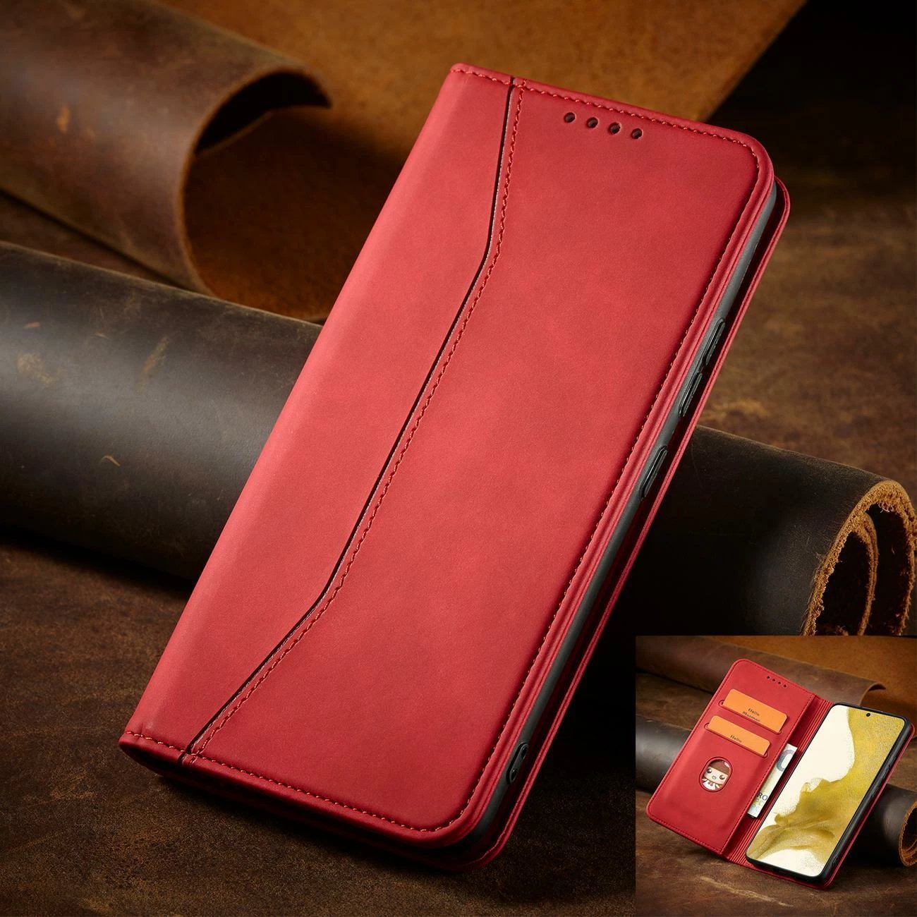 Mbështjellës Hurtel Magnet Fancy Case për Samsung Galaxy S23+, me kapak, portofol dhe stand, Kuq