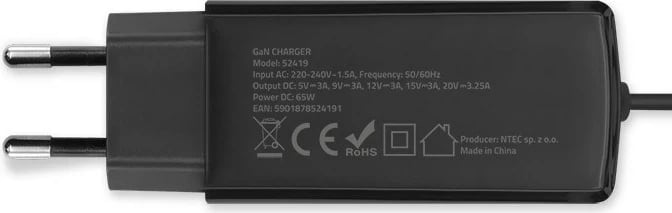 Karikues universal Qoltec 52419, 65W, GaN, USB-C 3.1, i zi