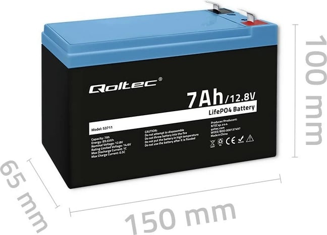 Bateri rikarikueshme Qoltec 53711, LiFePO4, 7Ah, 12.8V, me BMS