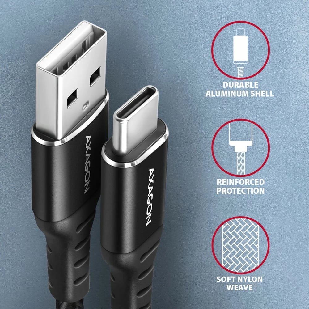 Kabllo USB-C në USB-A AXAGON BUCM-AM10AB, 1m, USB 2.0, 3A, E zezë