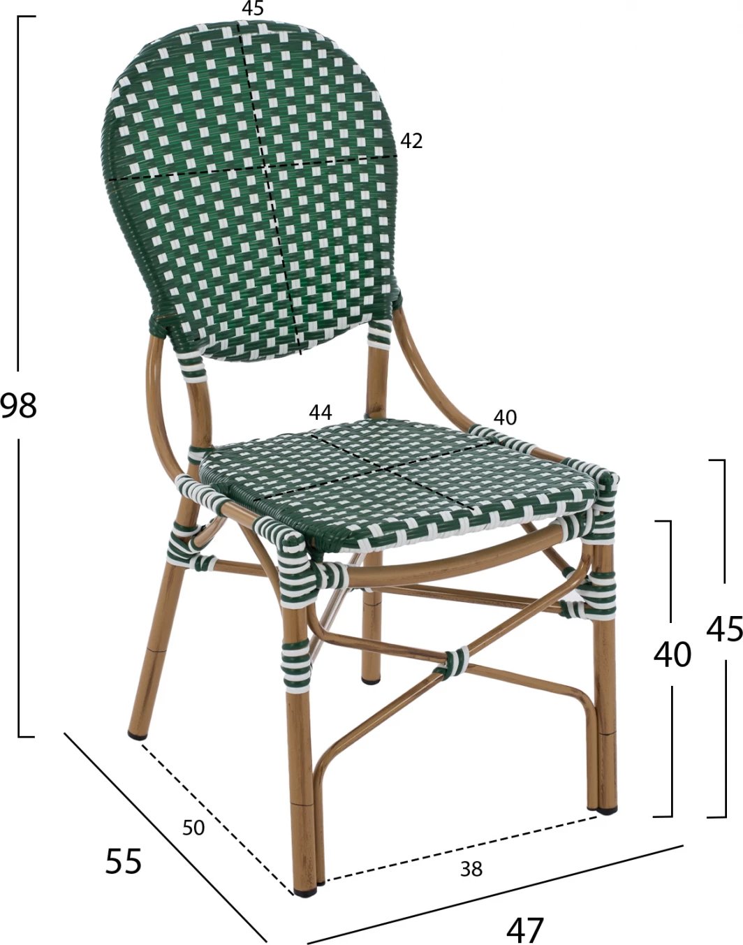 Karrige alumini pamje bambuje me thurje jeshile dhe bardhë FH5792.01 47x55x98 cm