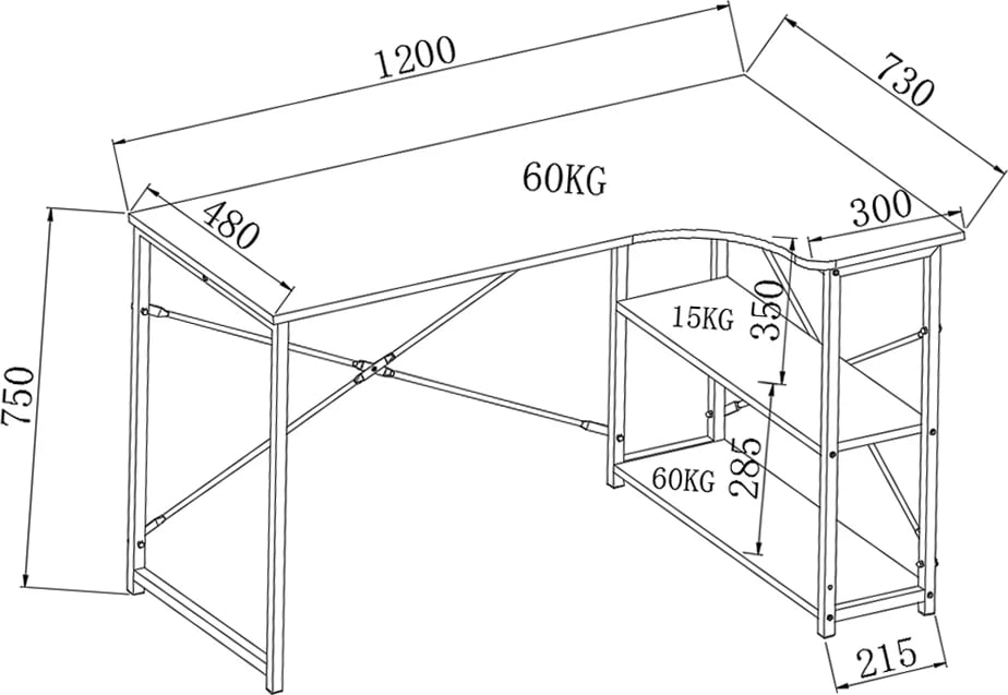 Tavolinë këndi Edge, sipërfaqe sonoma, metal i zi, 120x73x75cm