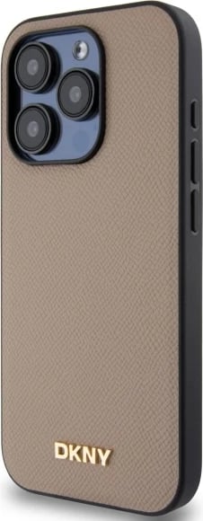 Mbështjellës DKNY Grained Metal Logo MagSafe për iPhone 15 Pro Max, Bezhe