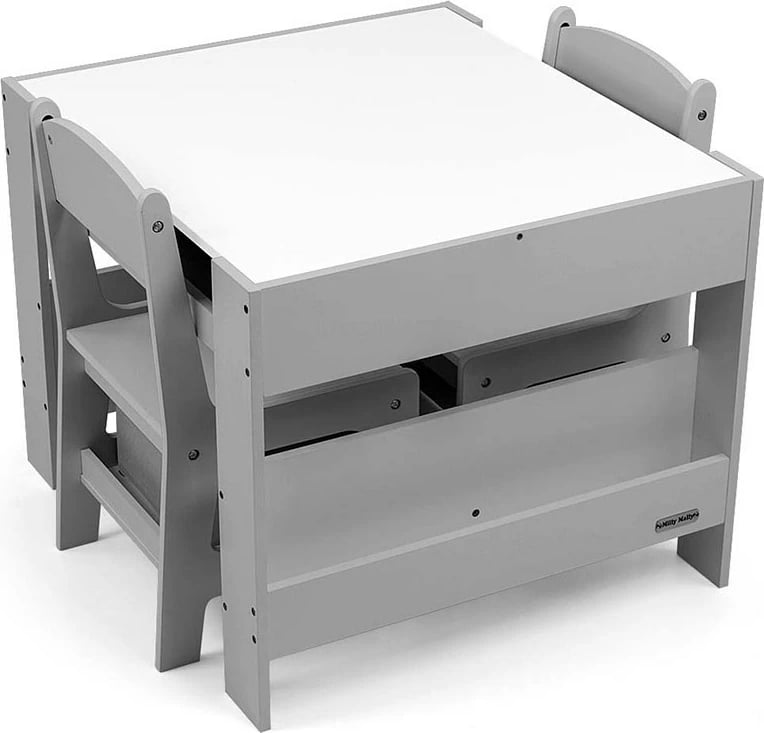 Set mobiljesh për fëmijë Milly Mally Sven tavolinë + 2 karrige me kapak i dyanshëm, dërrasë me shkumës, hapësira ruajtjeje, MDF, gri