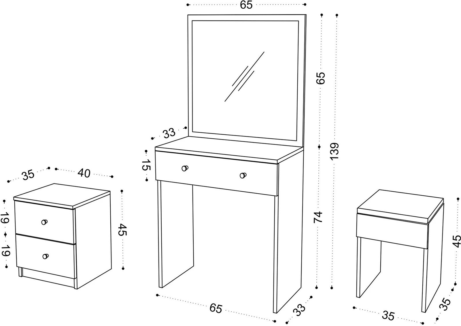 Tavolinë grimi Skye Decor, e bardhë, me komodinë dhe karrige