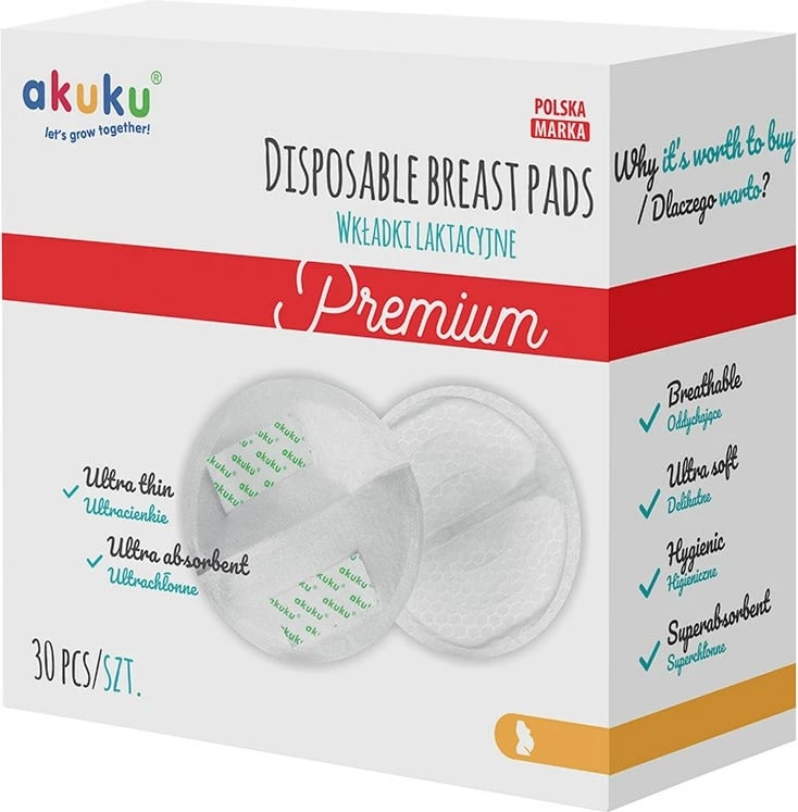 Tampona gjiri, Akuku, Premium Ultrasoft, 2 shtresa, me shirita vetëngjitës të dyfishtë, të bardha, paketim 30 copë