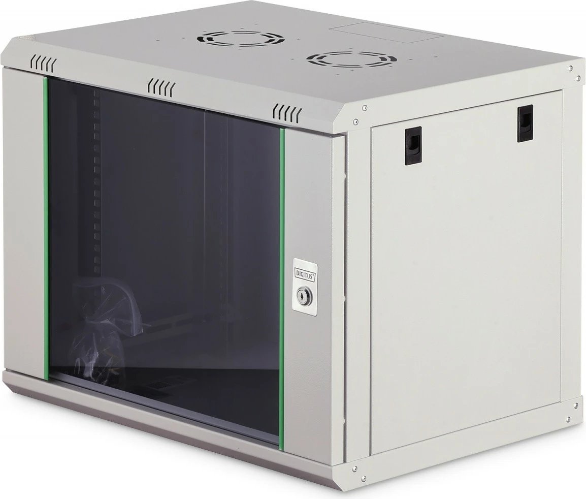 Kabinet rrjeti muror 19" 9U, Digitus, DN-37104, 474×600×450 mm, derë xhami, IP20, kapacitet ngarkese 60 kg, i pambledhur, gri